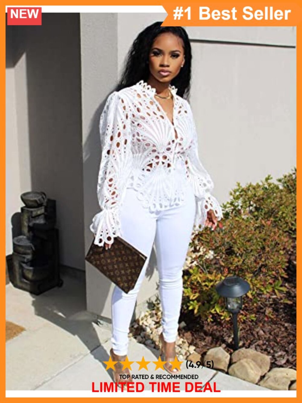Lace Ruffle Puff Long Sleeve Button Down Top - Picture 2 of 5
